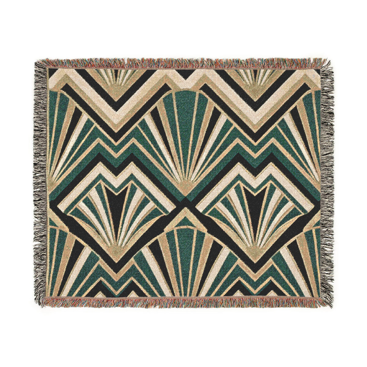 Art Deco Fan Pattern Woven Blanket | Geometric Throw, Retro Chevron Design