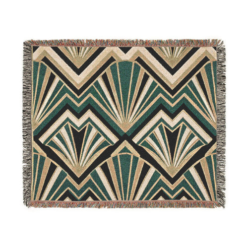 Art Deco Fan Pattern Woven Blanket | Geometric Throw, Retro Chevron Design
