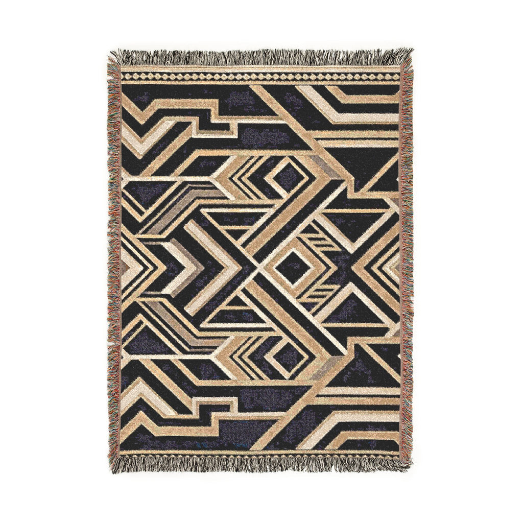 Art Deco Geometric Pattern Woven Blanket | Gold Navy Throw