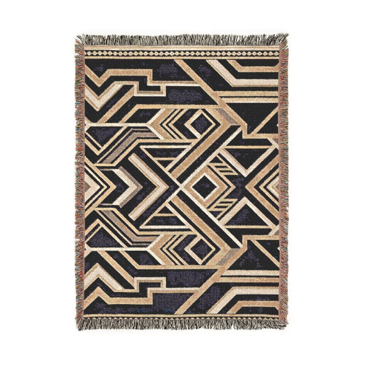 Art Deco Geometric Pattern Woven Blanket | Gold Navy Throw