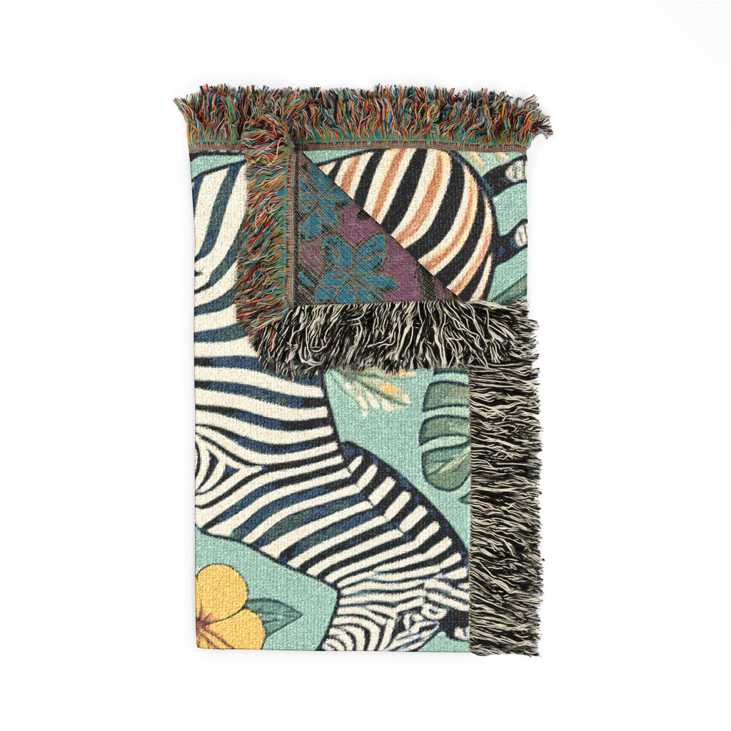Zebra Folk Art Woven Blanket | Decorative Animal Throw, Boho Safari Pattern