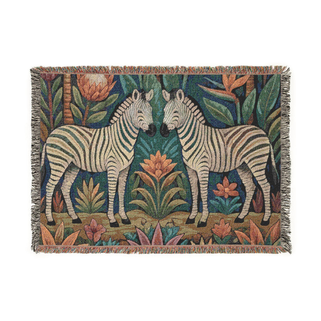 Zebra Folklore Woven Blanket | Tapestry Animal Throw, Botanical Motif