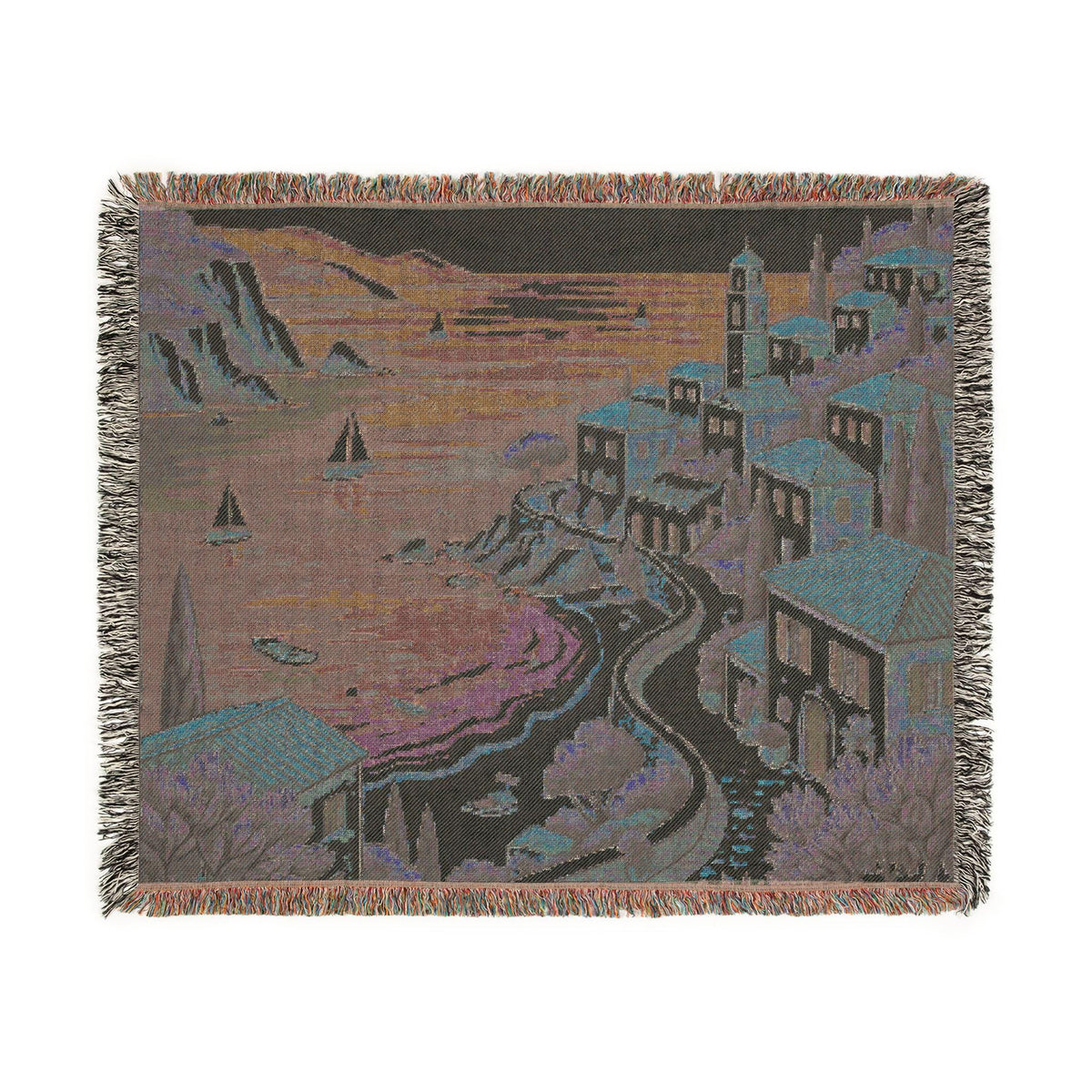 Mediterranean Coastal Village Woven Blanket | Seaside Tapestry Throw