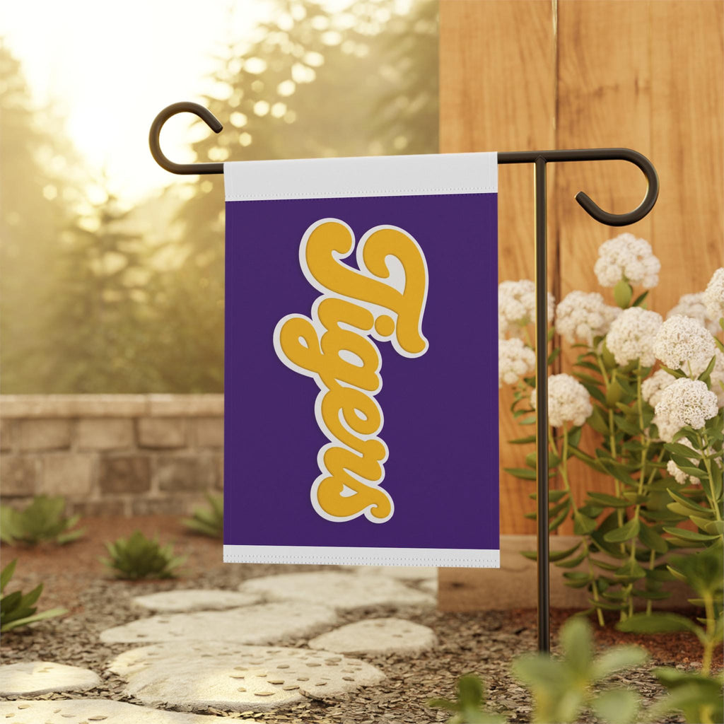 Tigers Garden Flag | Purple Gold Script Outdoor House Banner