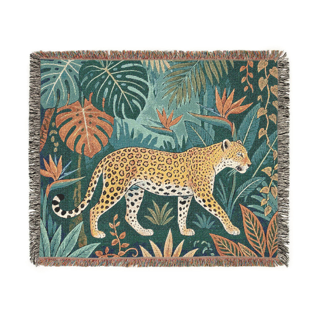Leopard Jungle Tapestry Woven Blanket | Tropical Leaves, Botanical Throw