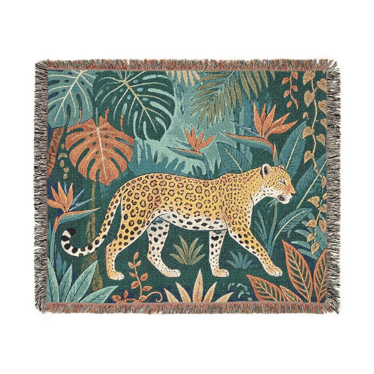 Leopard Jungle Tapestry Woven Blanket | Tropical Leaves, Botanical Throw