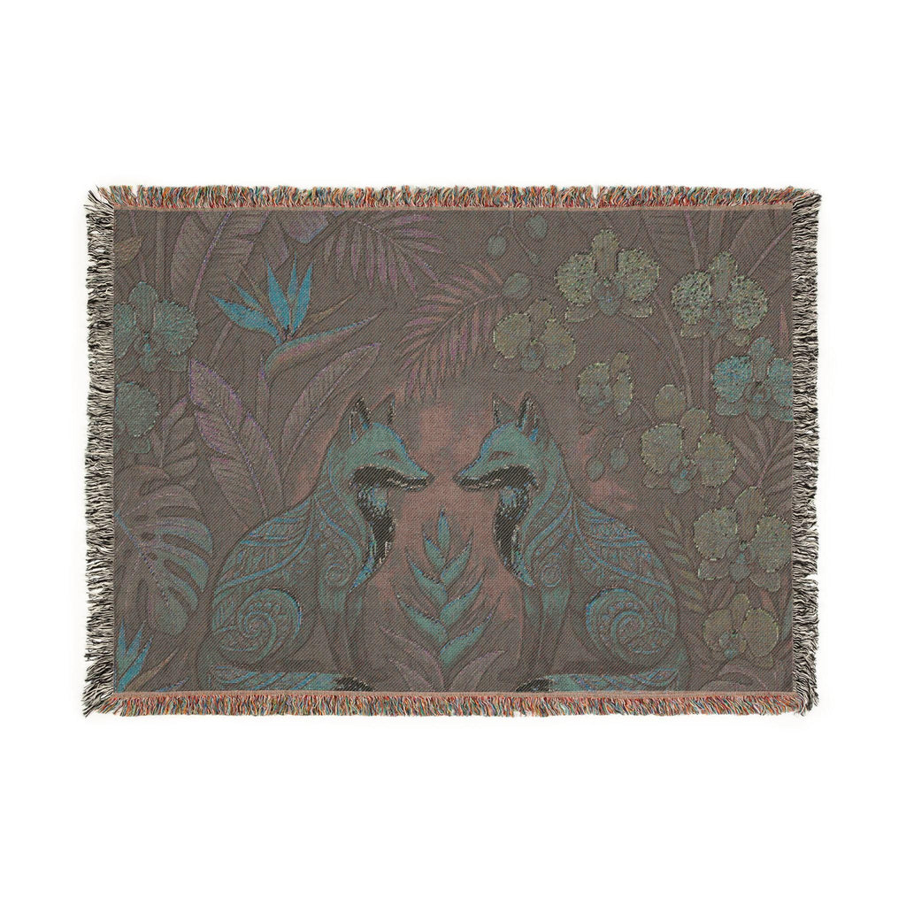 Folk Foxes Woven Blanket | Botanical Tapestry Throw, Floral Woodland Decor