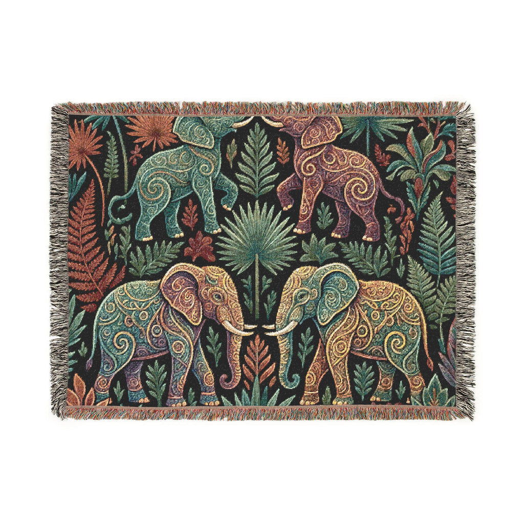 Bohemian Elephant Tapestry Woven Blanket | Jungle Floral Fringe Throw