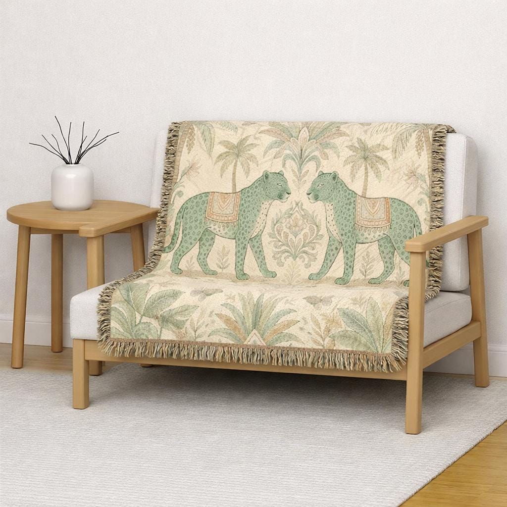 Paisley Tiger Tapestry Woven Blanket | Boho Palm Motif