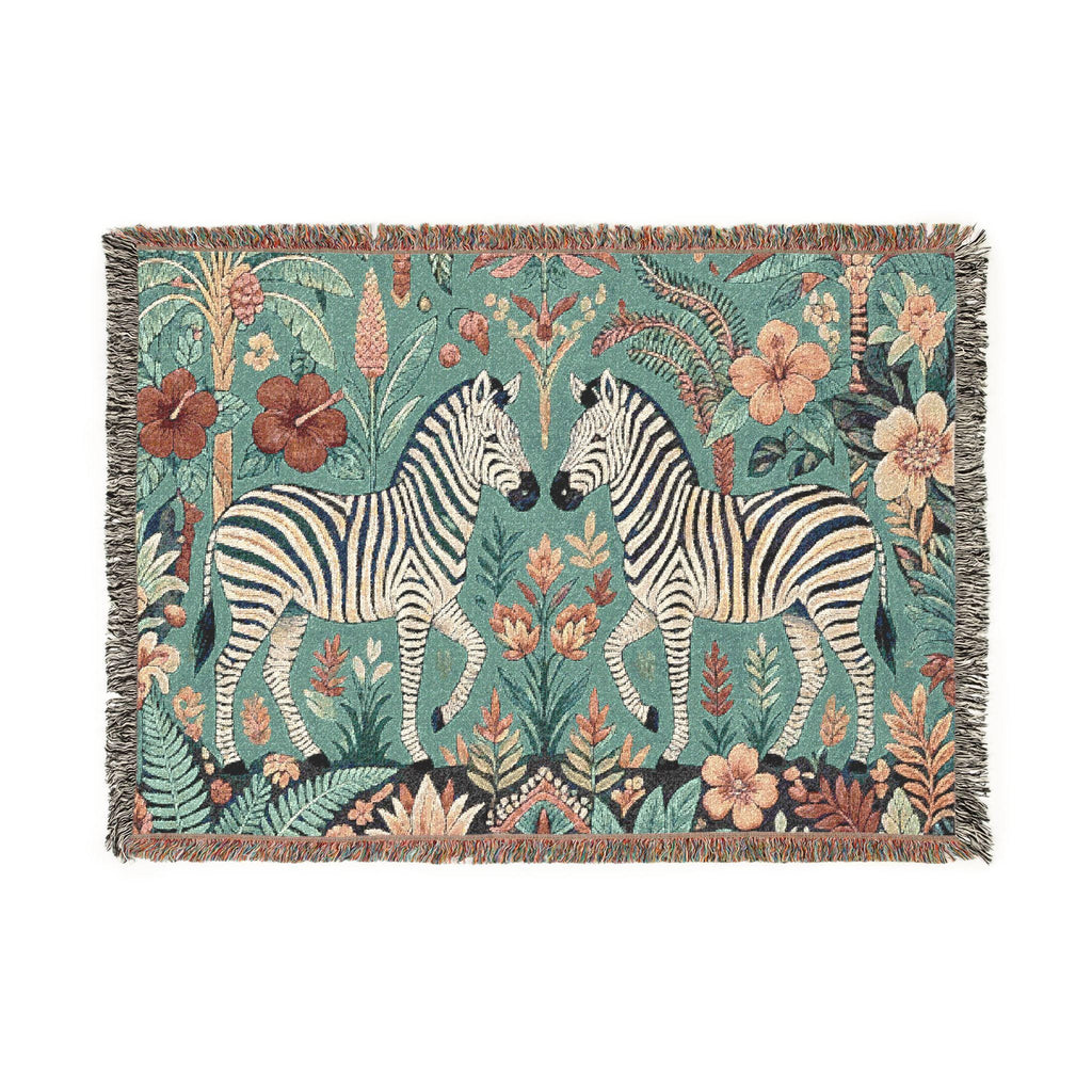 Zebra Botanical Tapestry Blanket | Woven Fringe Throw, Floral Safari Decor