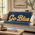Go Blue script logo Woven Blanket | Collegiate navy and gold throw
