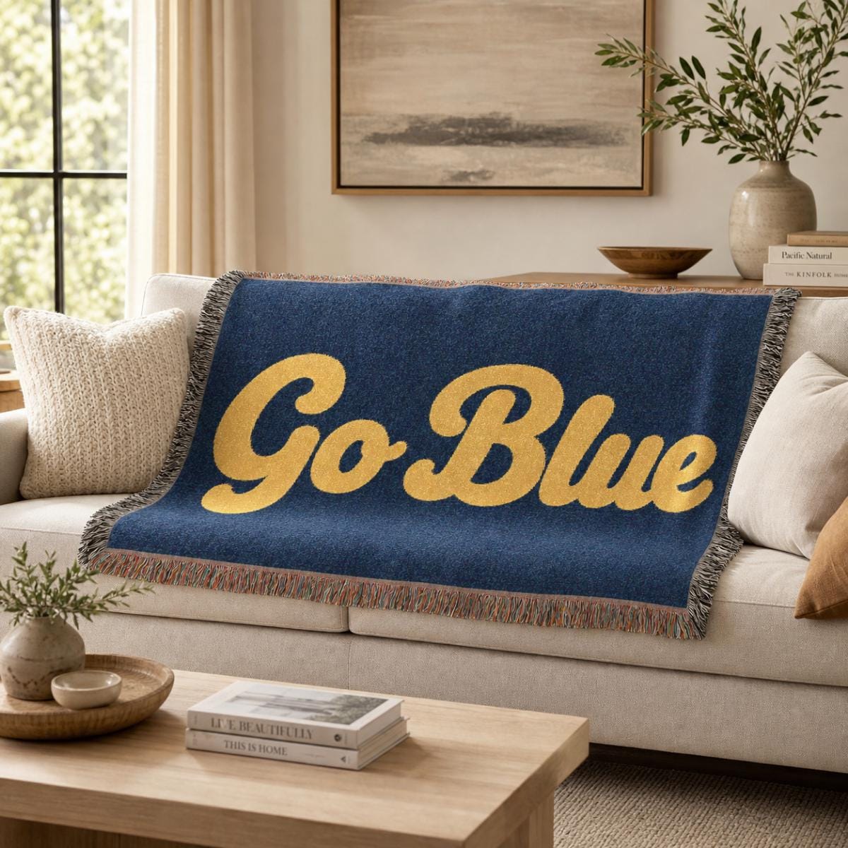 Go Blue script logo Woven Blanket | Collegiate navy and gold throw