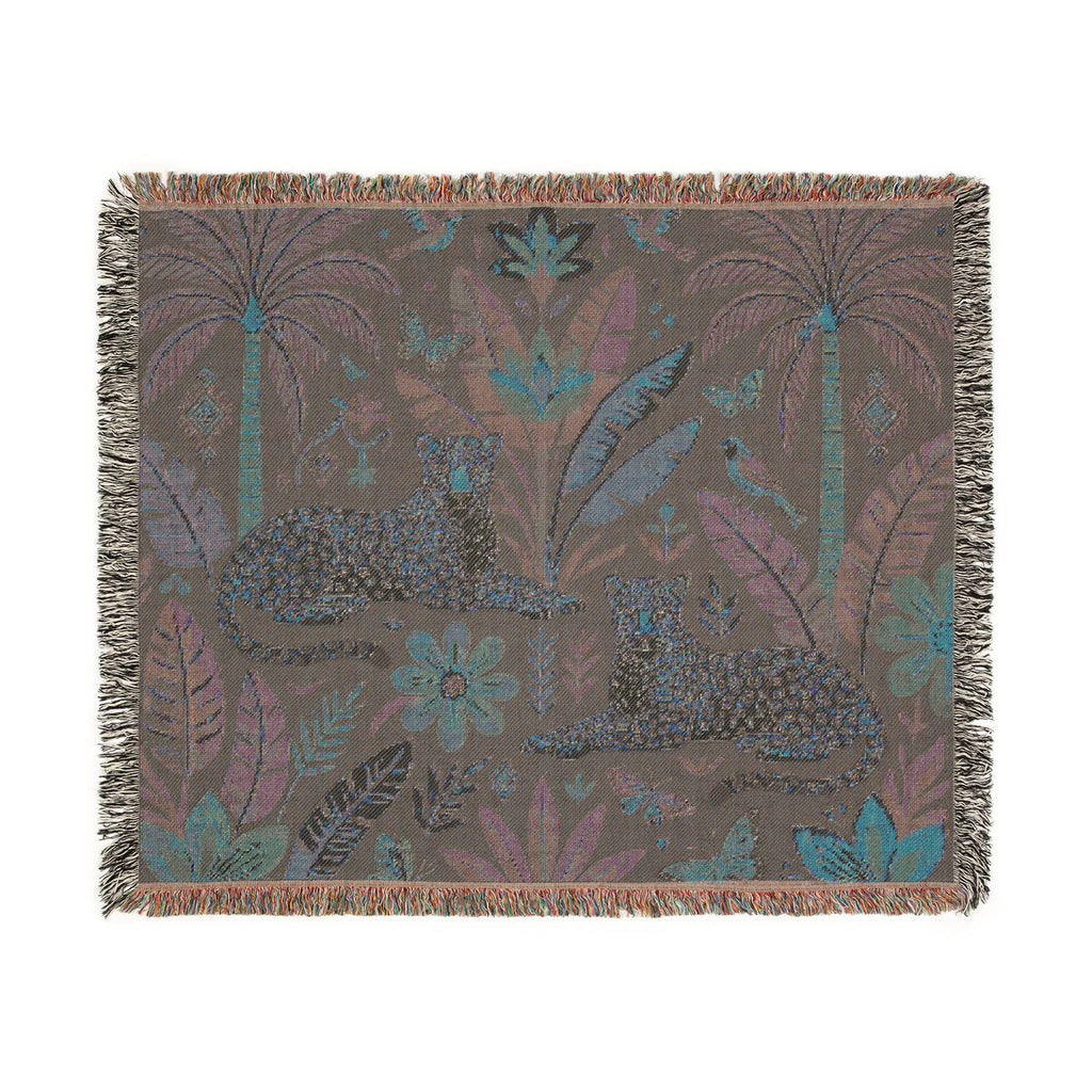 Tropical Leopard Tapestry woven blanket | jungle palm motif, floral tapestry throw