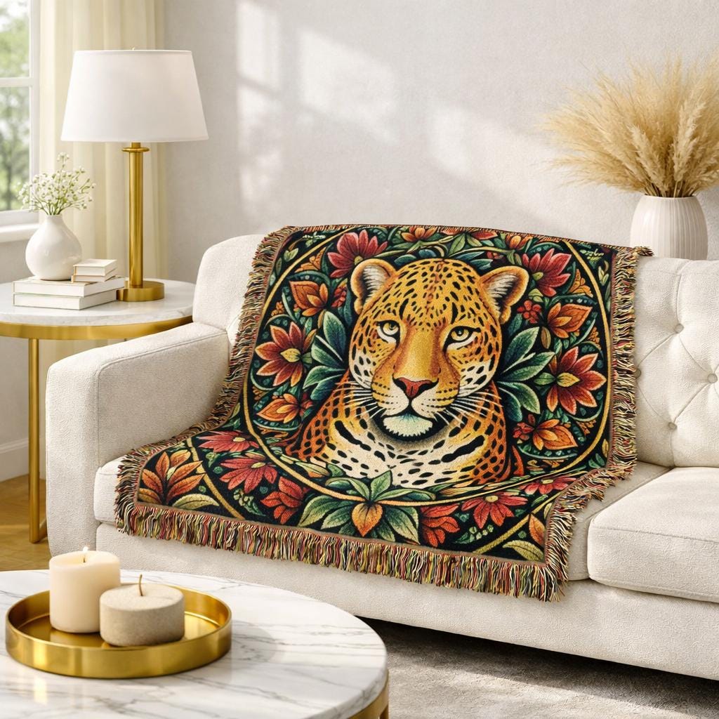 Vintage Leopard Tapestry Woven Blanket | Boho Floral Throw, Animal Wall Hanging