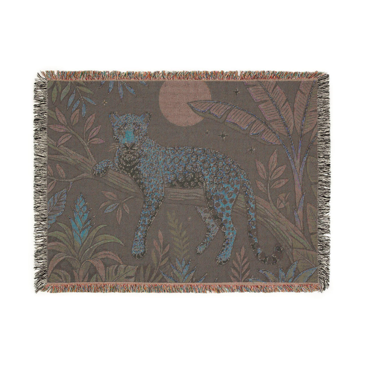 Leopard in Jungle Woven Blanket | Tapestry Throw, Nighttime Botanical Design