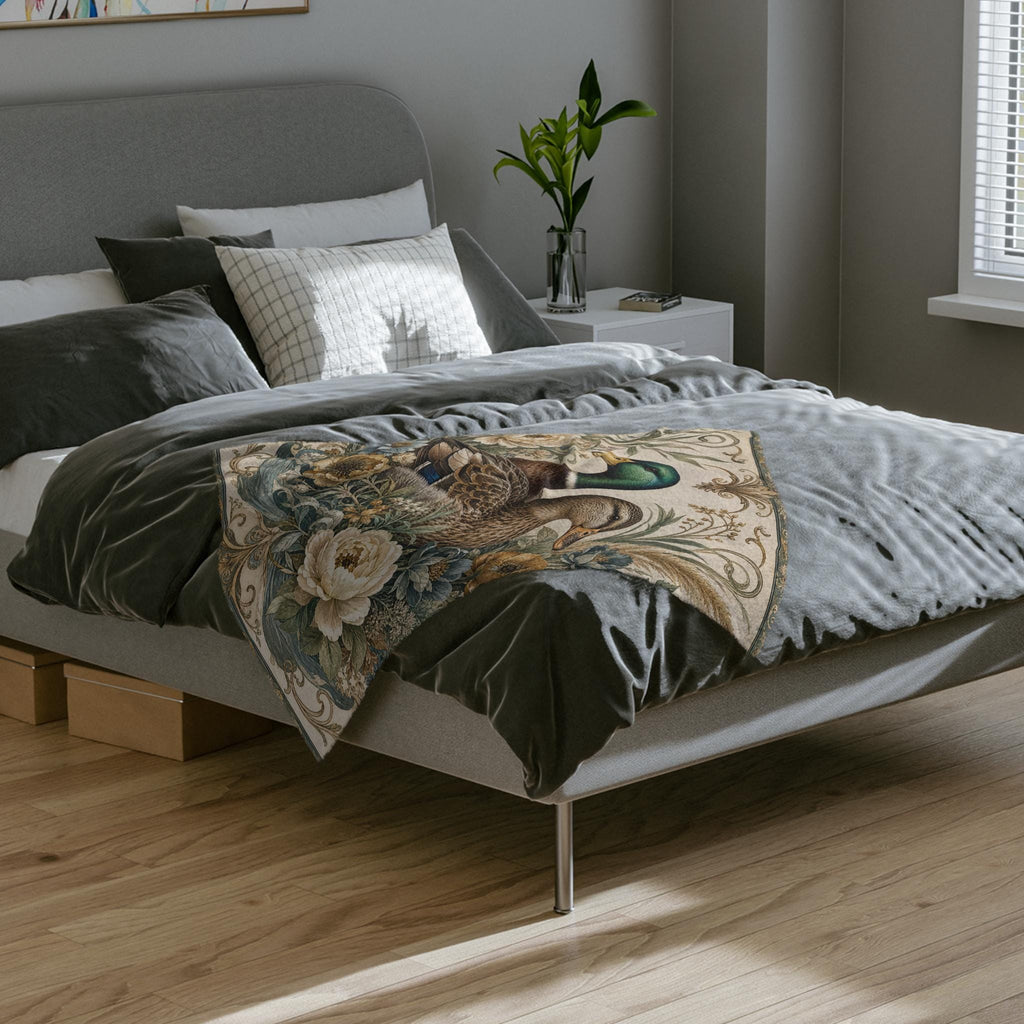 Mallard Duck Floral Illustration Velveteen Microfiber Blanket | Vintage Botanical