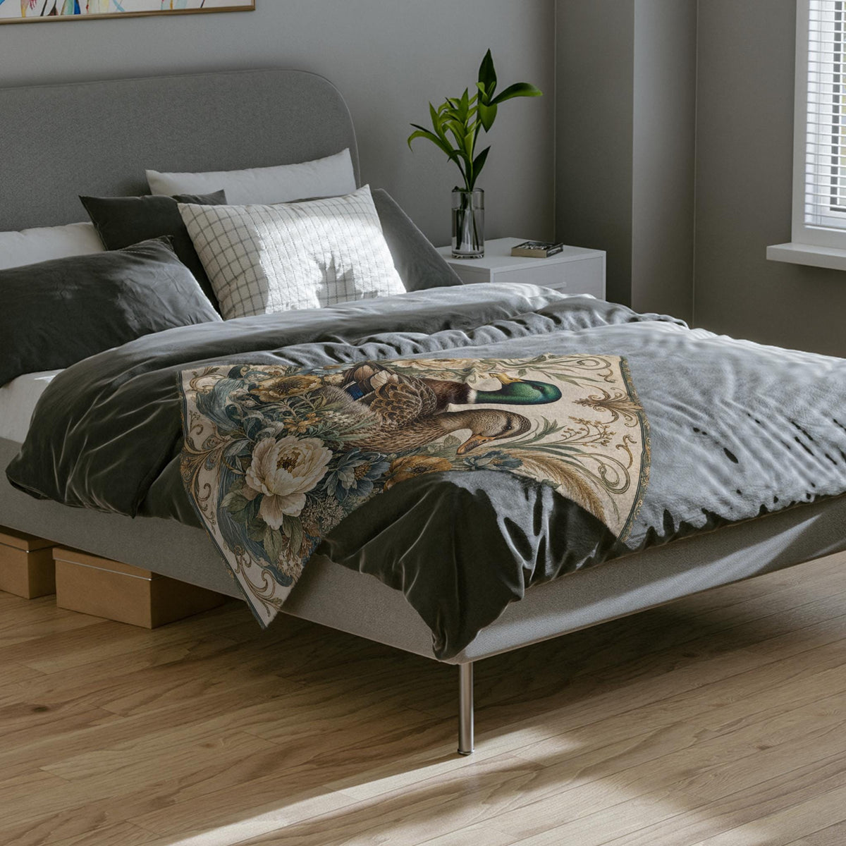 Mallard Duck Floral Illustration Velveteen Microfiber Blanket | Vintage Botanical