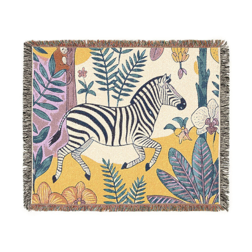 Zebra Jungle Illustration Woven Blanket | Botanical Animal Throw