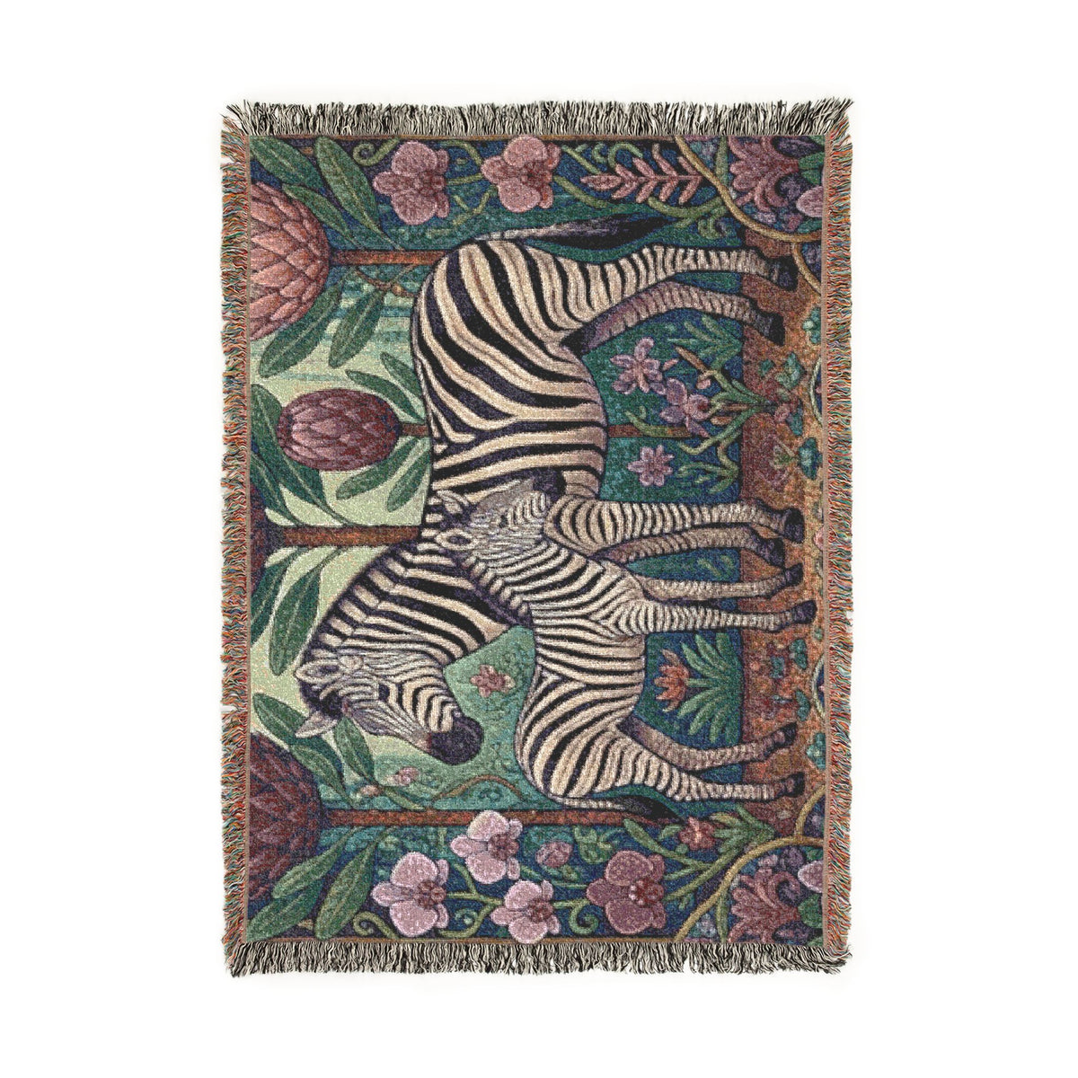 Zebra Mother and Foal Woven Blanket | Floral Tapestry Throw