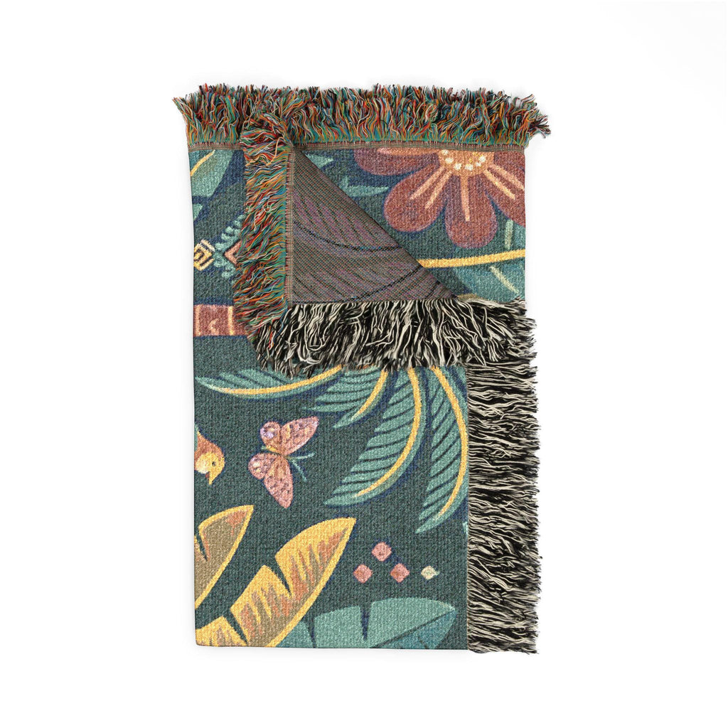 Tropical Leopard Tapestry woven blanket | jungle palm motif, floral tapestry throw