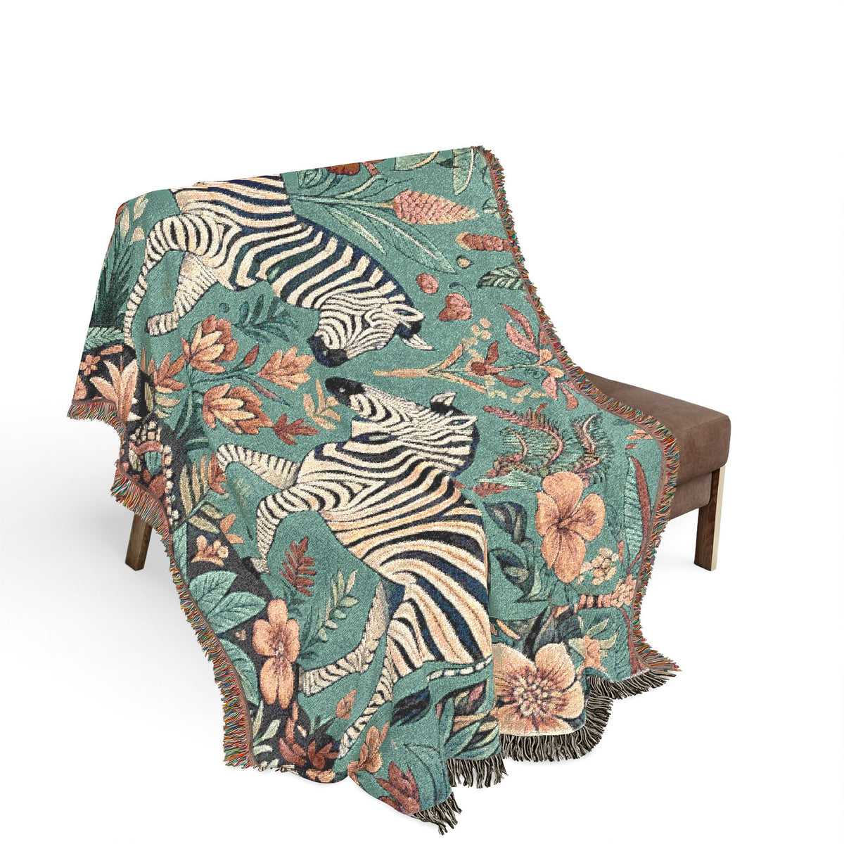 Zebra Botanical Tapestry Blanket | Woven Fringe Throw, Floral Safari Decor