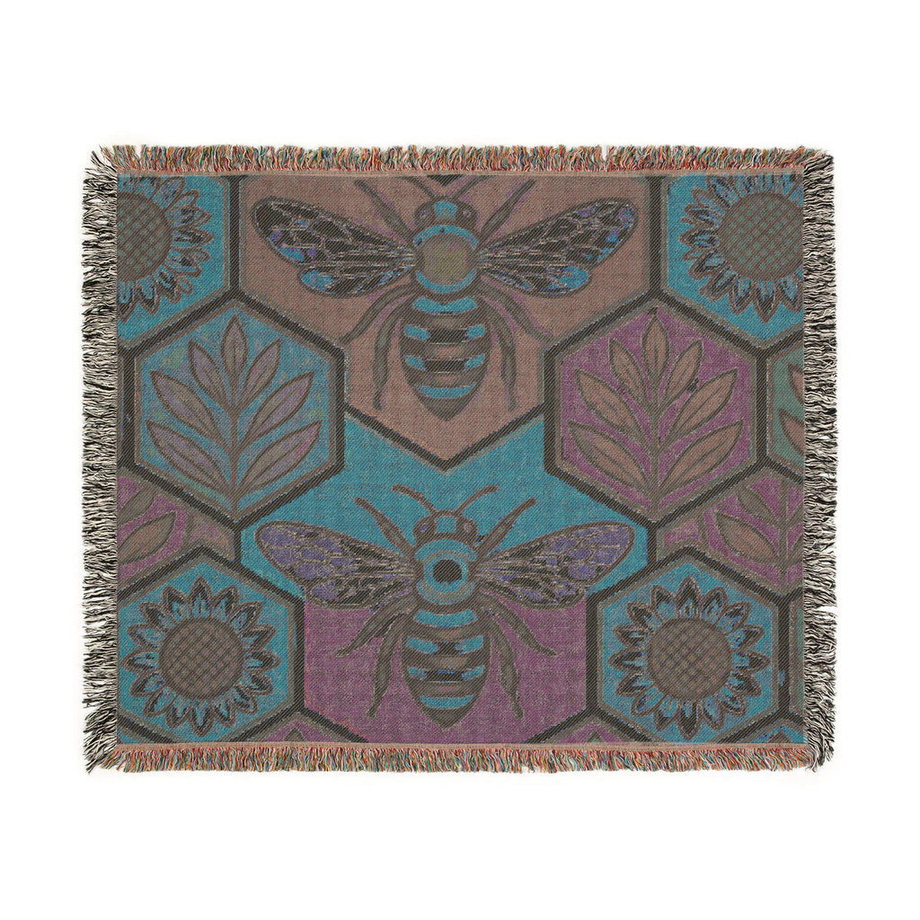Bee and Sunflower Hexagon Woven Blanket | Honeybee Tapestry Throw