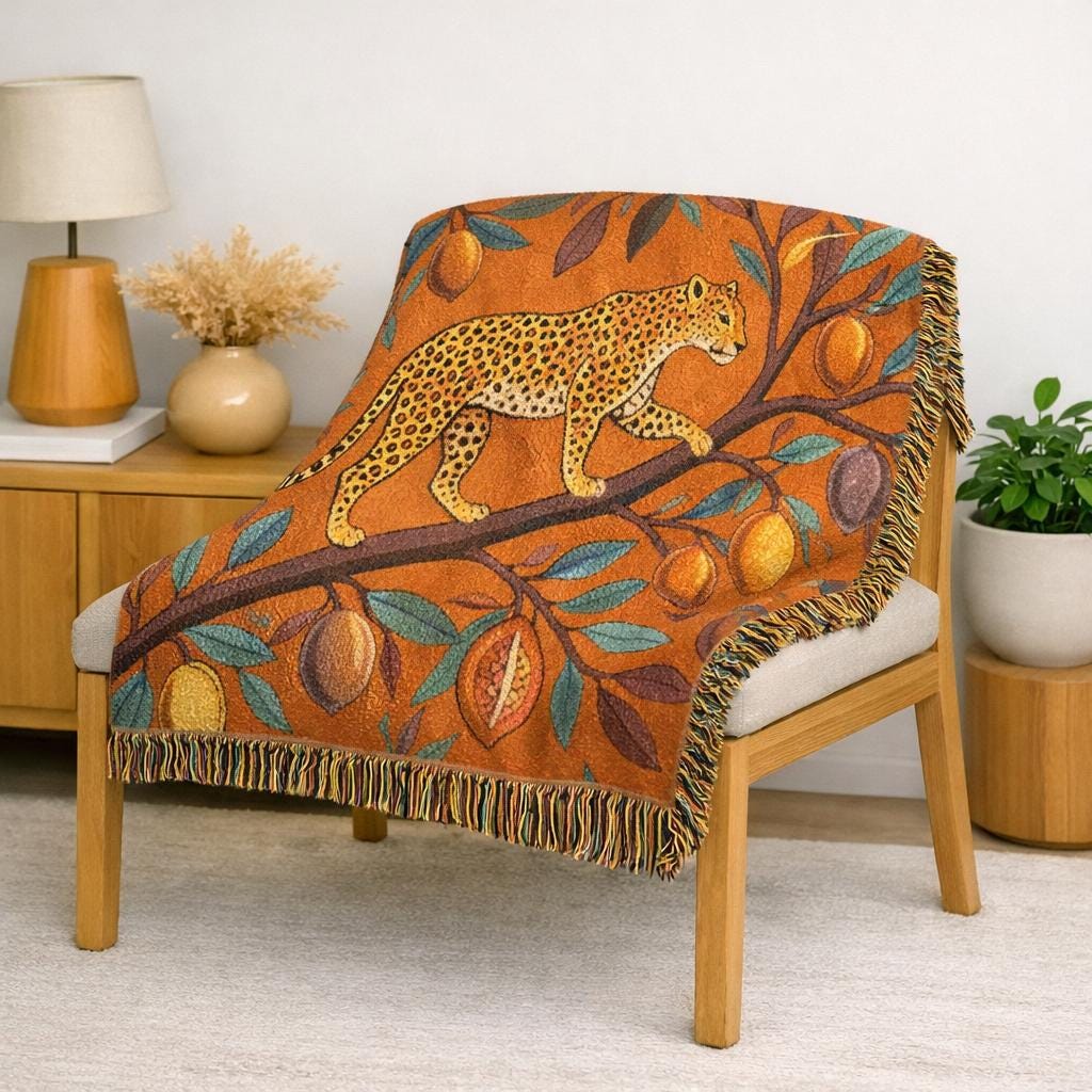 Leopard on Fruit Tree Woven Blanket | Botanical Jungle Throw