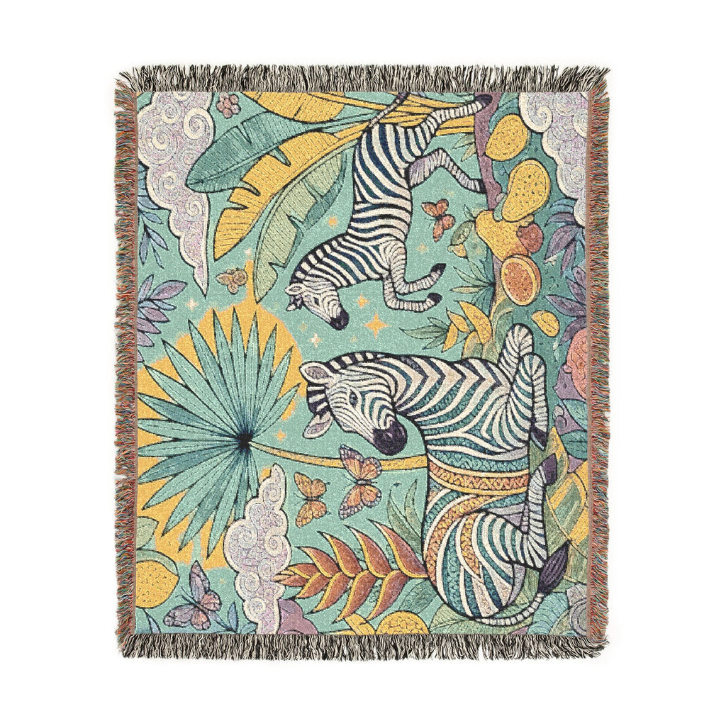 Jungle Zebras Woven Blanket | Tropical Animal Tapestry Throw