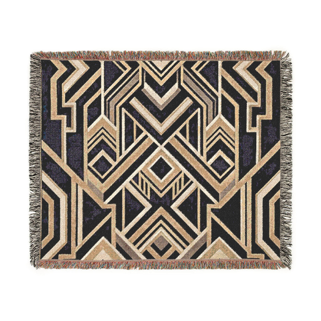 Art Deco Geometric Pattern Woven Blanket | Gold Navy Throw