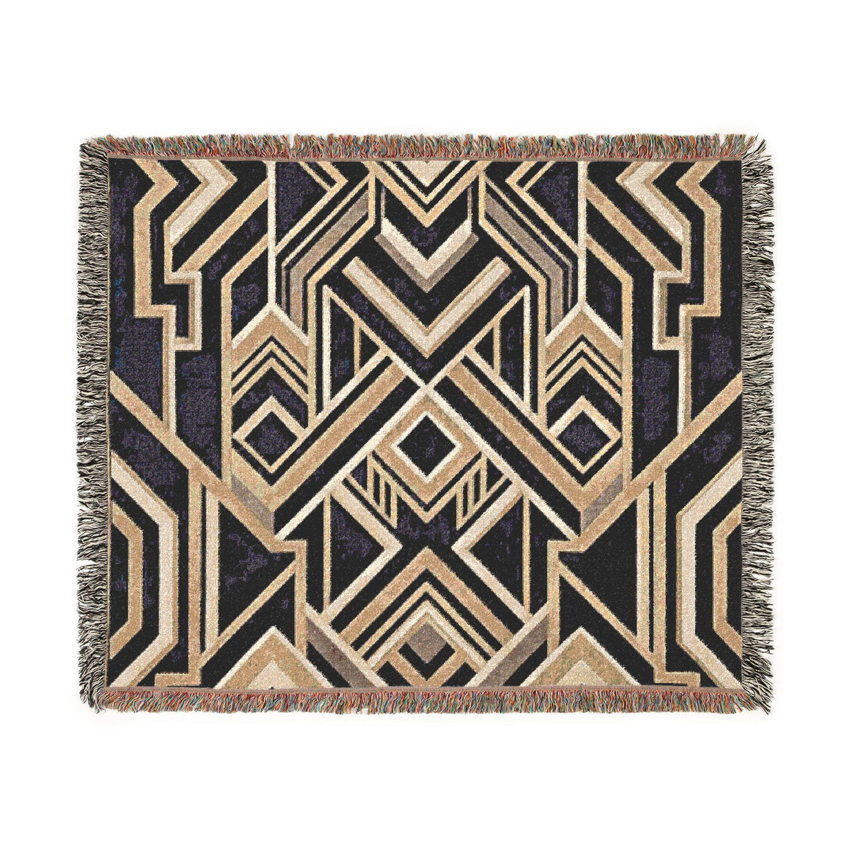 Art Deco Geometric Pattern Woven Blanket | Gold Navy Throw