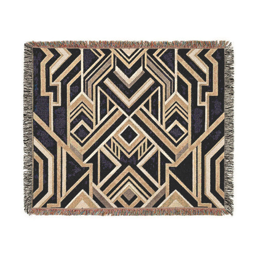 Art Deco Geometric Pattern Woven Blanket | Gold Navy Throw