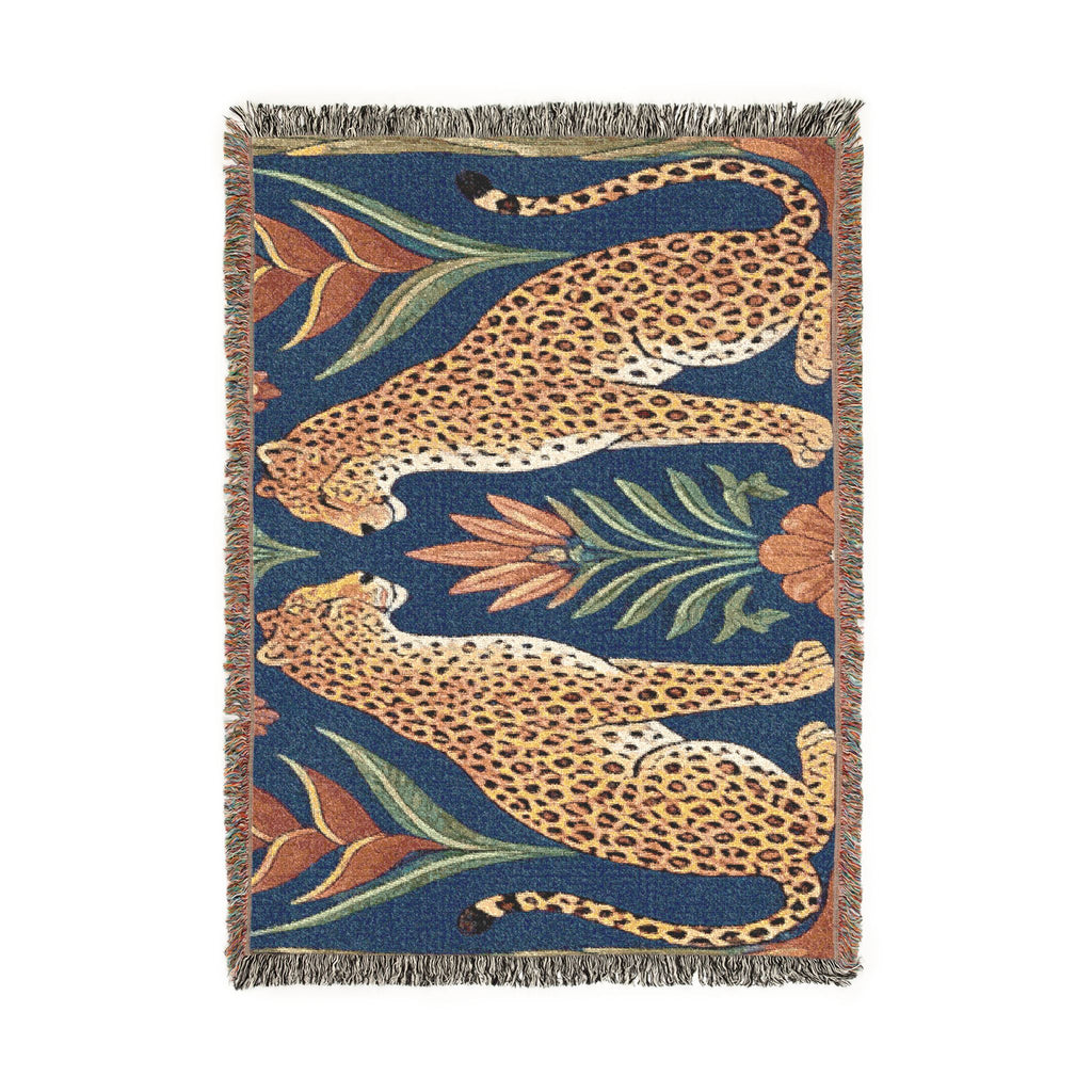 Two Sitting Leopards Woven Blanket | Botanical Motif, Tapestry Throw