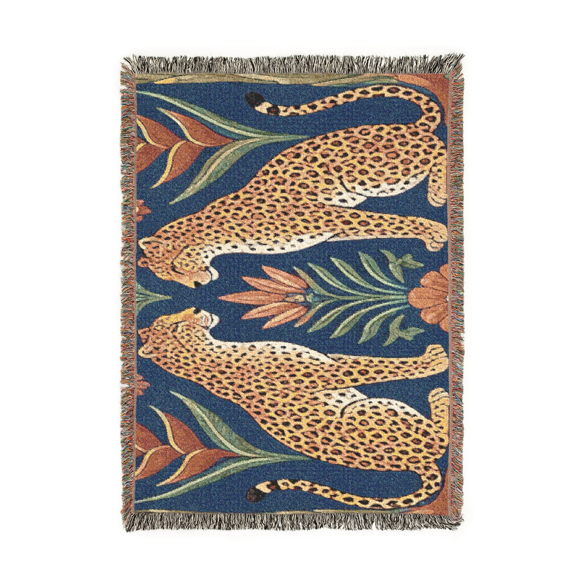 Two Sitting Leopards Woven Blanket | Botanical Motif, Tapestry Throw