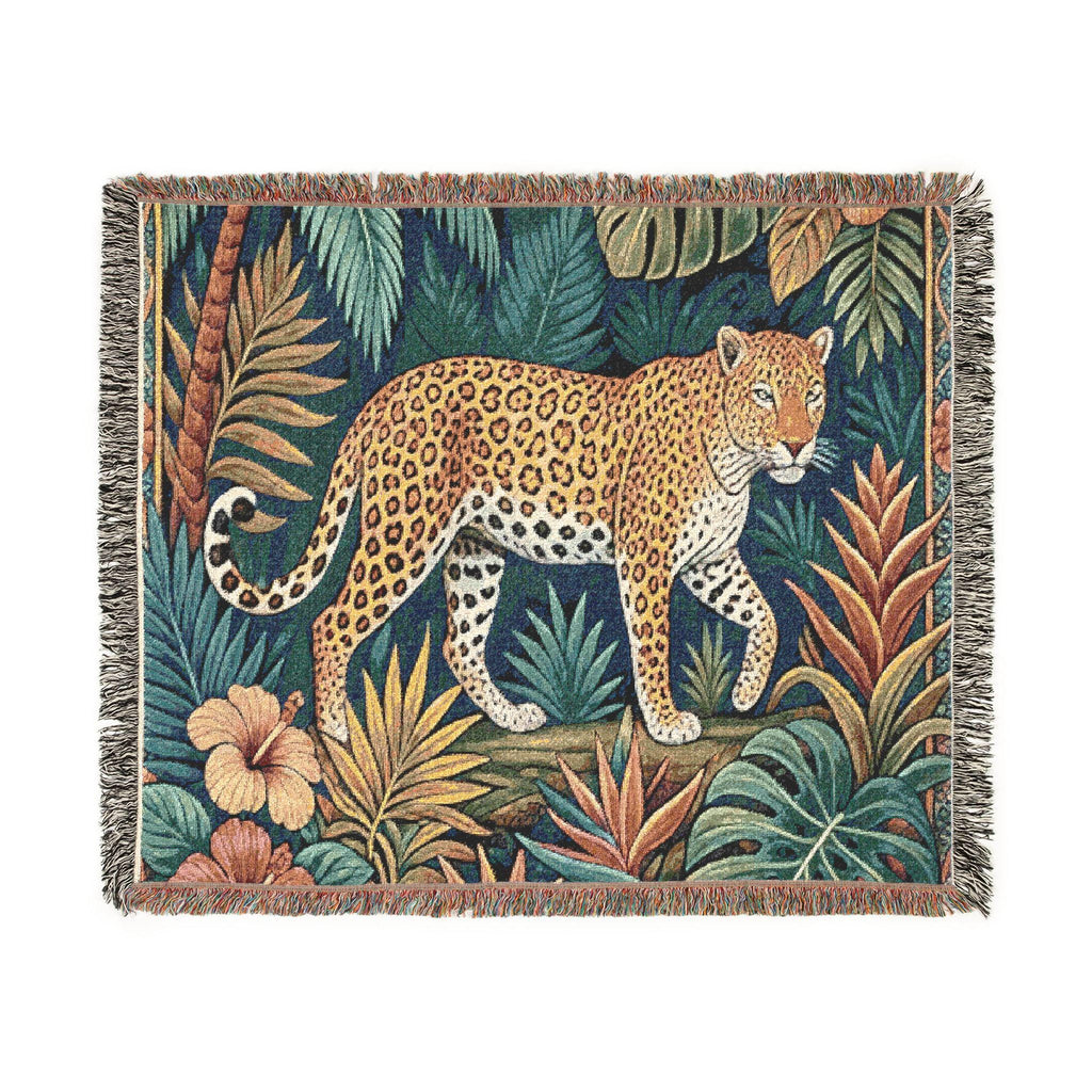 Leopard Jungle Tapestry Woven Blanket | Tropical Botanical Throw