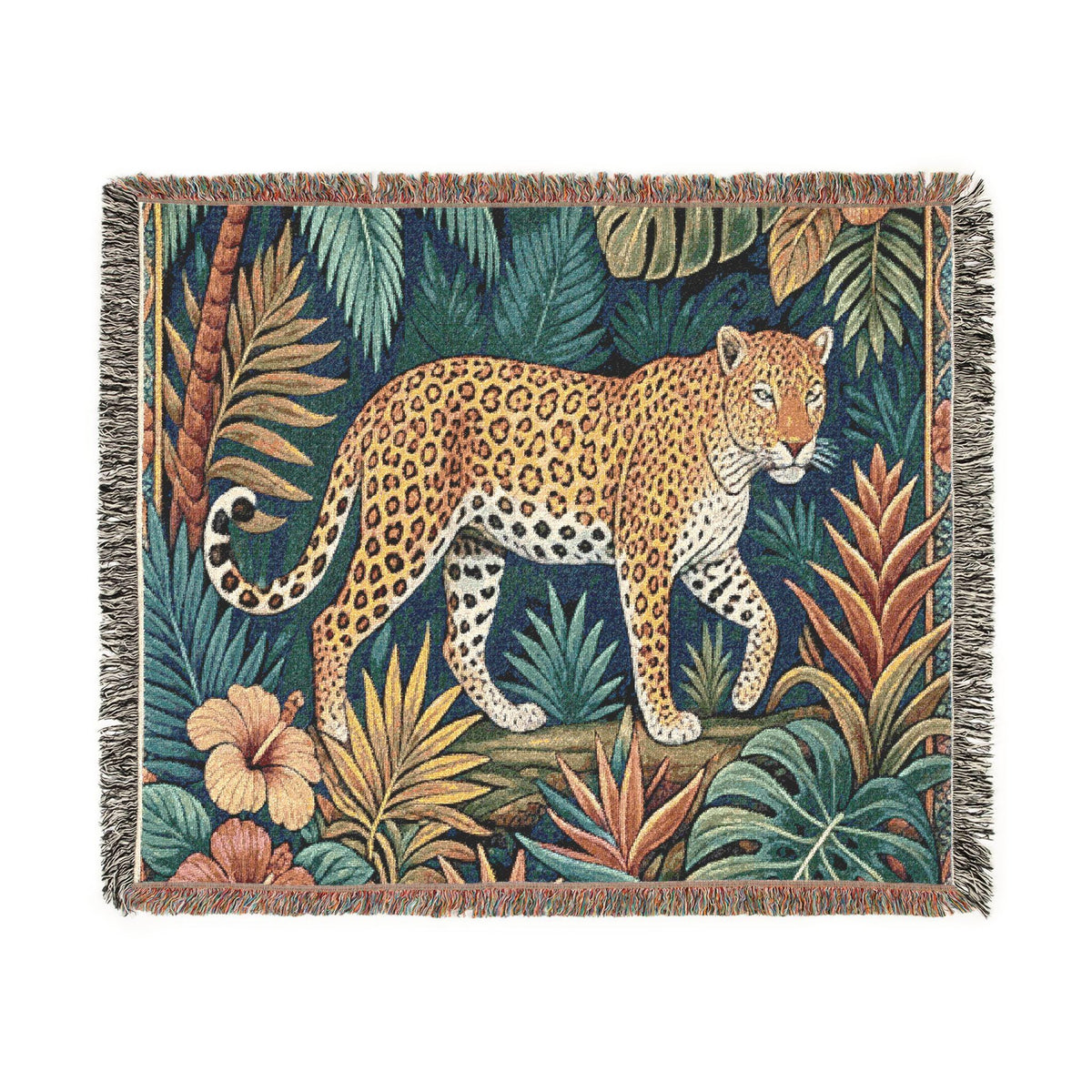 Leopard Jungle Tapestry Woven Blanket | Tropical Botanical Throw