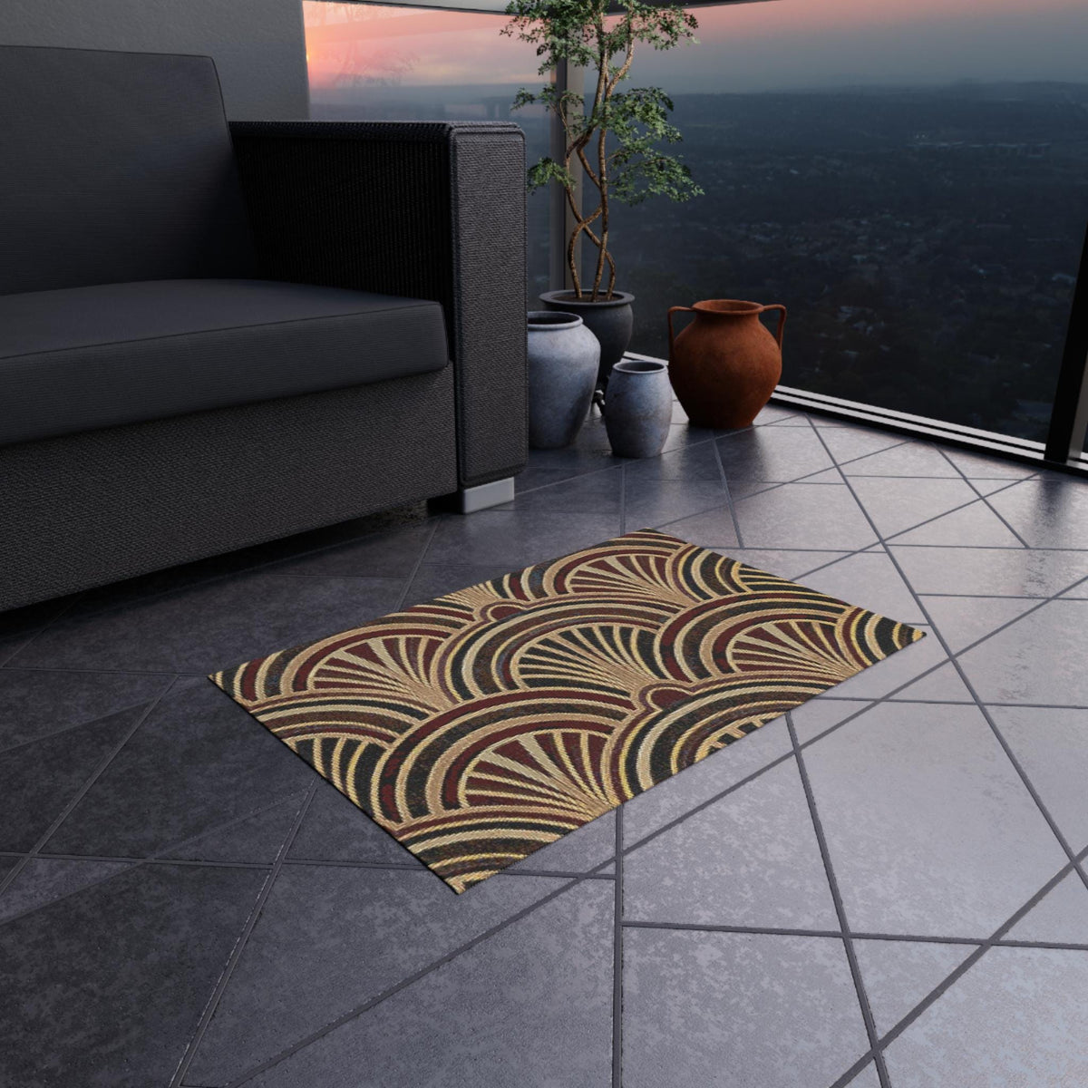 Art Deco Fan Pattern Outdoor Rug | Geometric Entryway Doormat