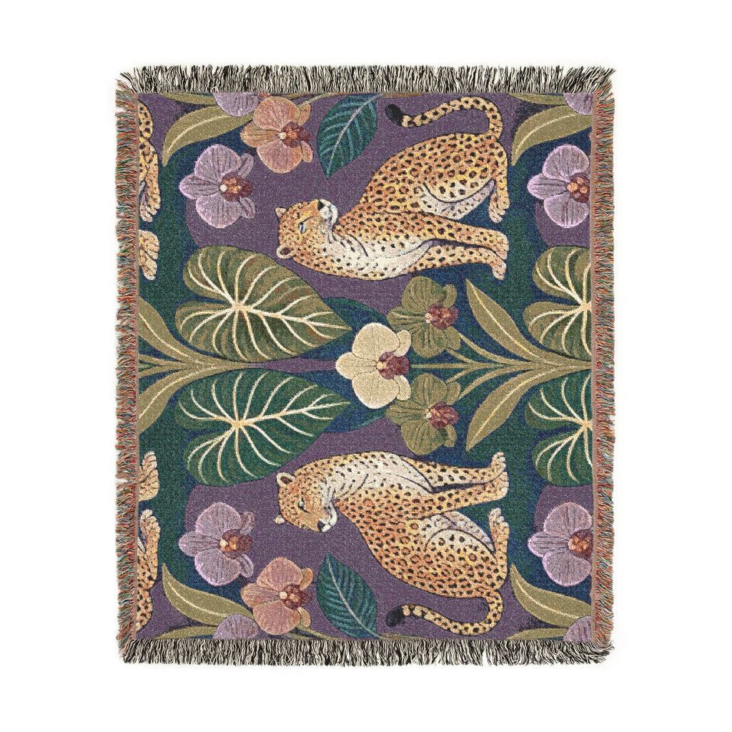Leopard Botanical Woven Blanket | Tropical Leaves, Orchid Motif