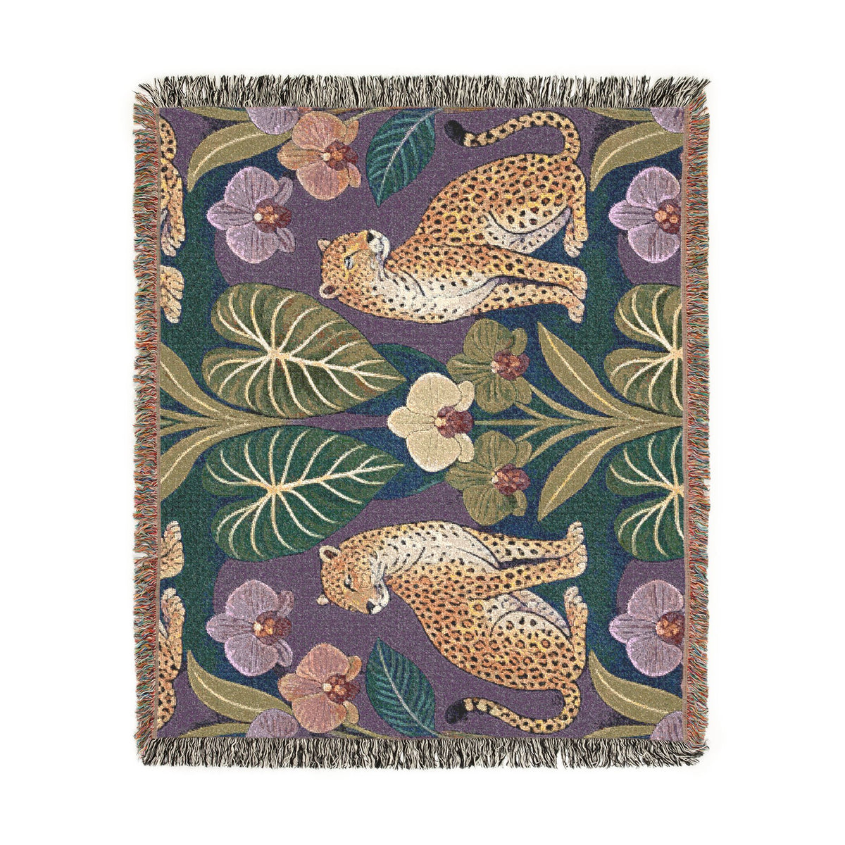 Leopard Botanical Woven Blanket | Tropical Leaves, Orchid Motif