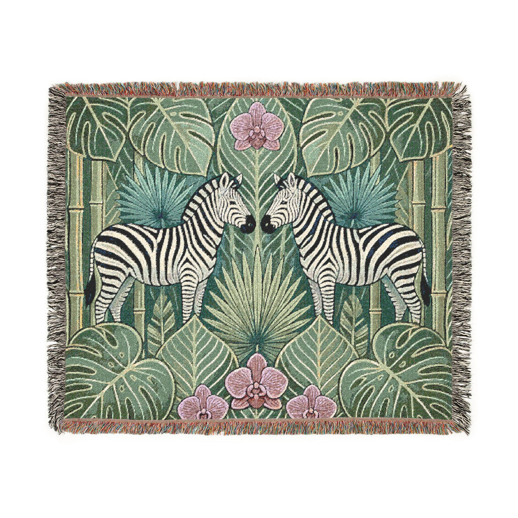 Art Deco Zebra Tapestry Woven Blanket | Jungle Palm Motif