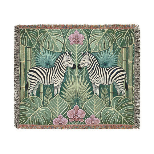 Art Deco Zebra Tapestry Woven Blanket | Jungle Palm Motif