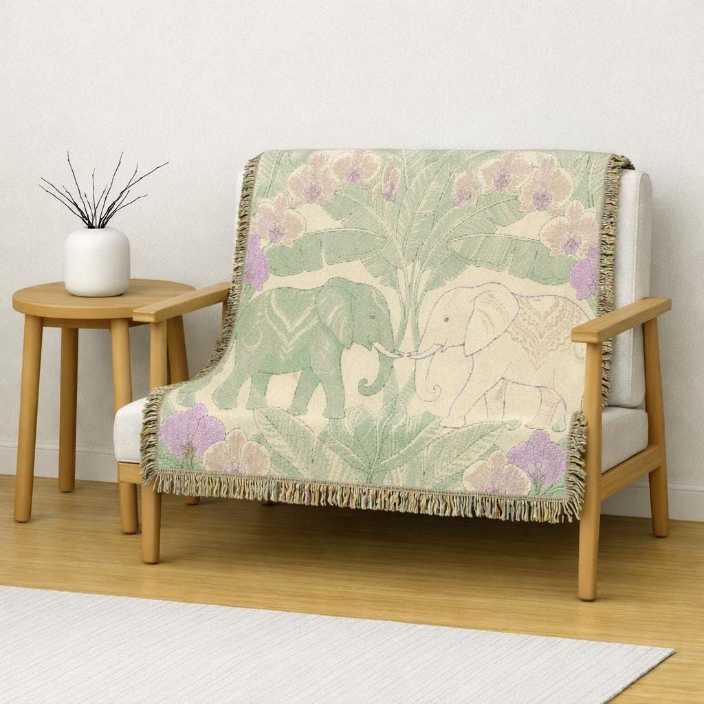 Art Nouveau Elephant Pattern Woven Blanket | Floral Tapestry Throw