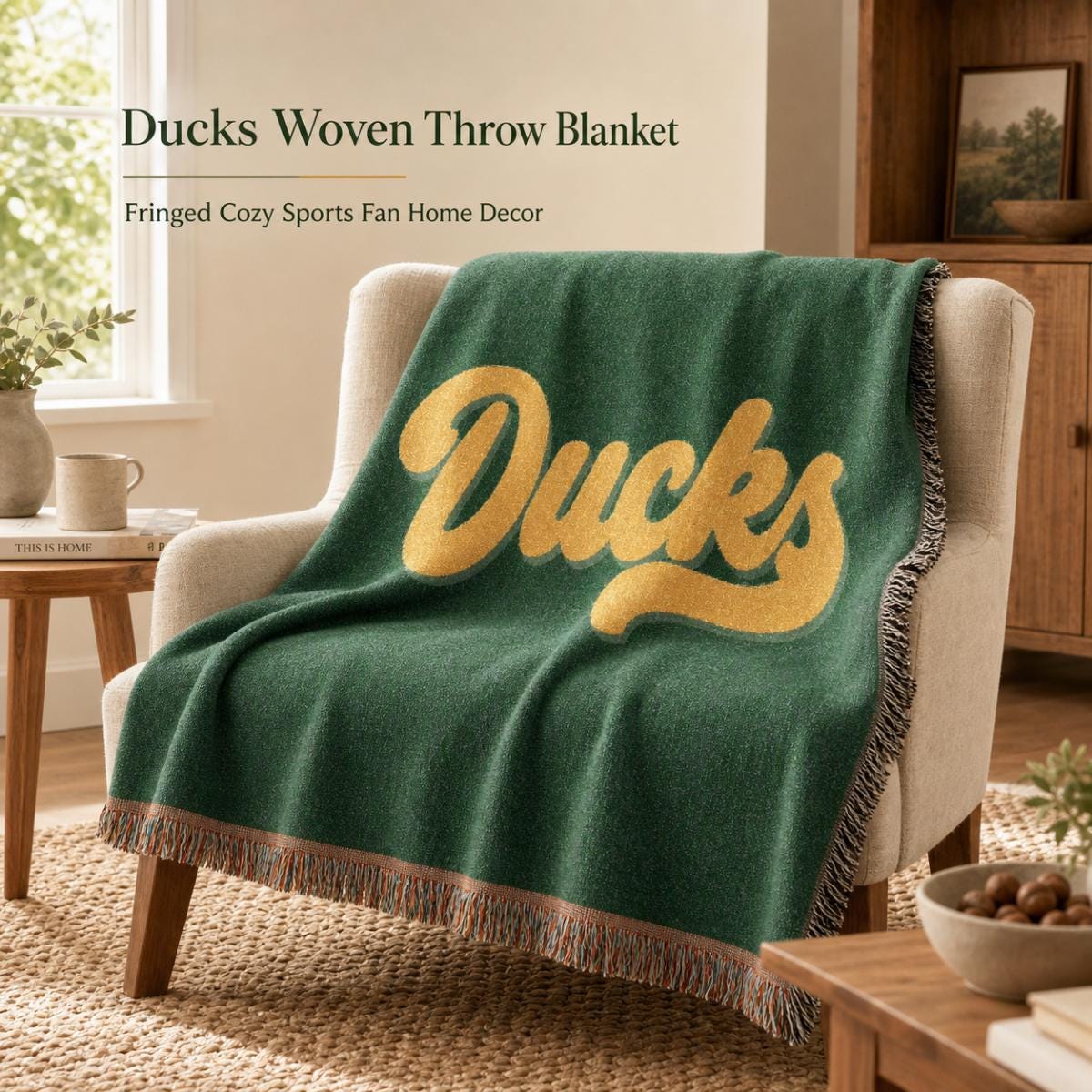 Ducks script logo Woven Blanket | collegiate team throw, fringed tapestry