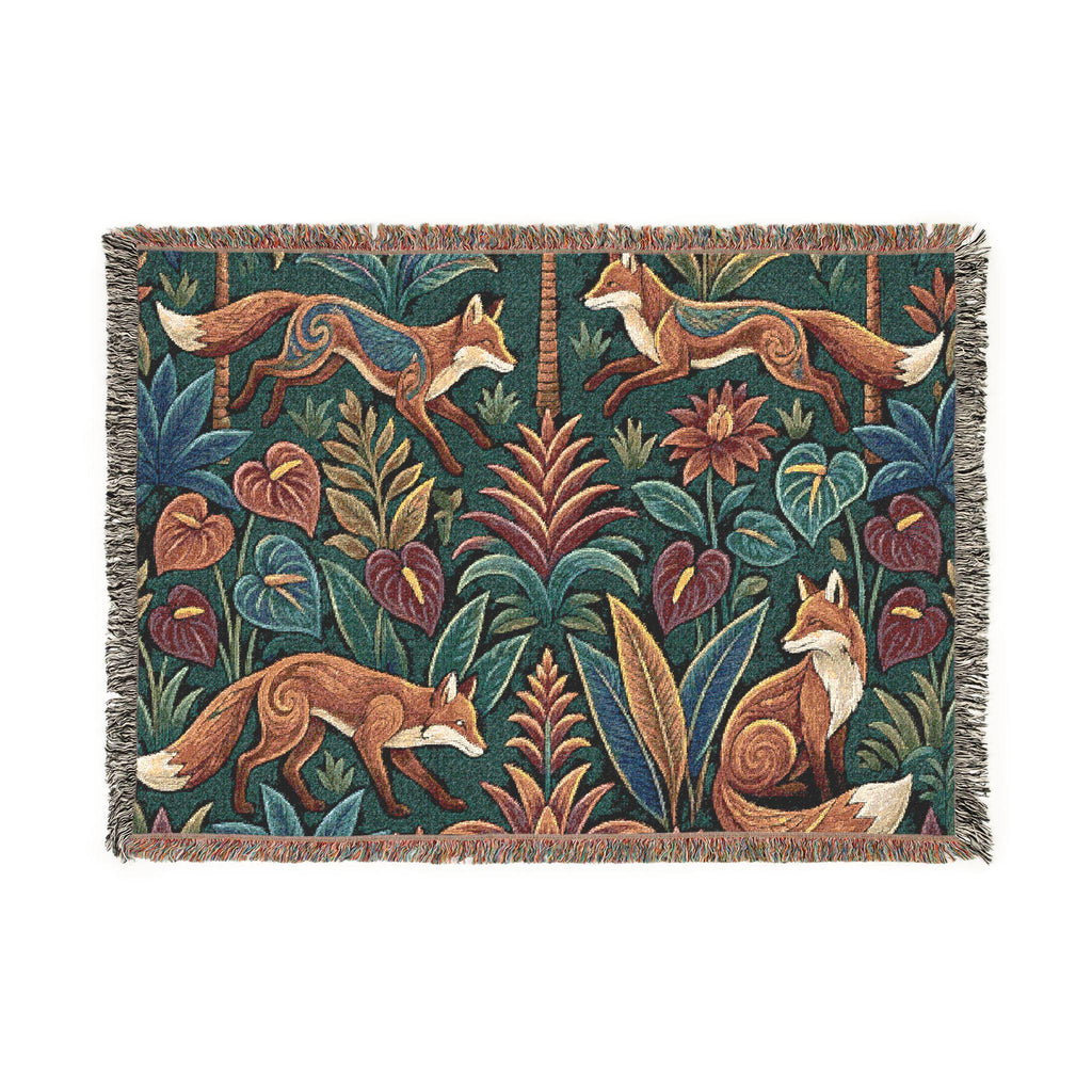 Woodland Foxes Woven Blanket | Tapestry Floral Forest Throw