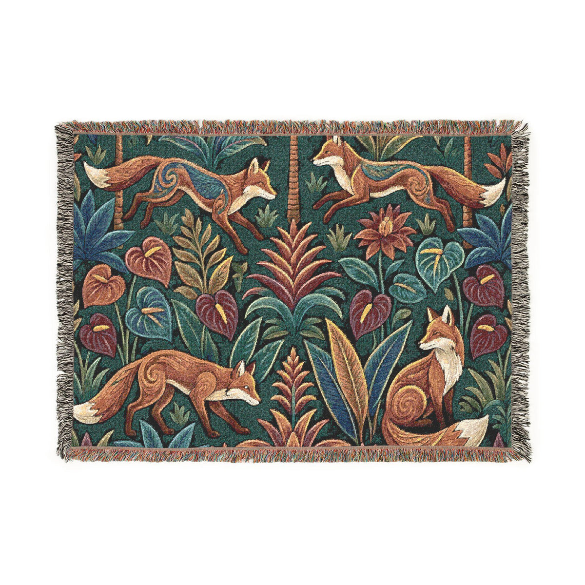 Woodland Foxes Woven Blanket | Tapestry Floral Forest Throw
