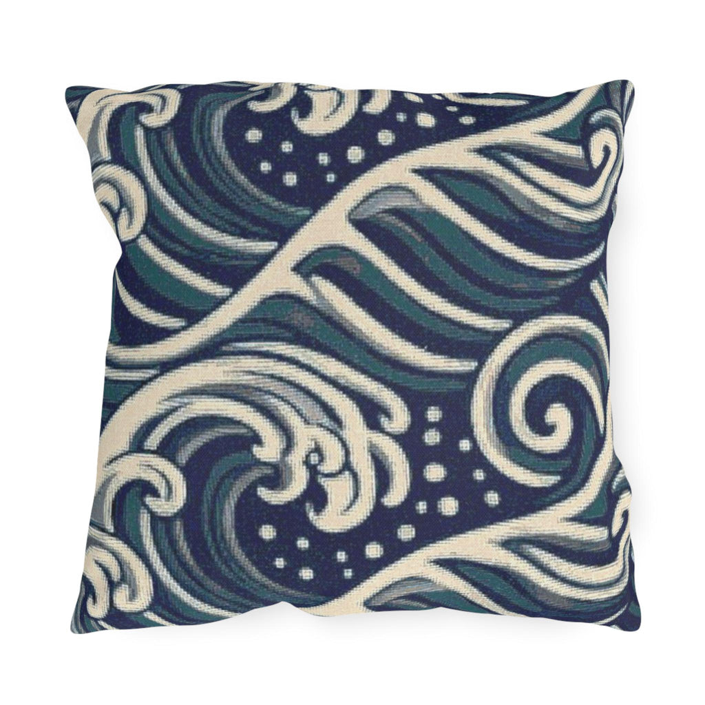 Navy Ocean Waves Outdoor Pillow | Coastal Wave Pattern Throw Pillow