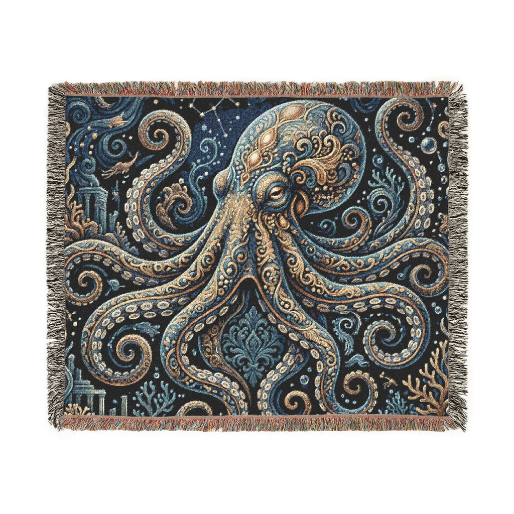 Vintage Octopus Tapestry Woven Blanket | Nautical Sea Creature Throw