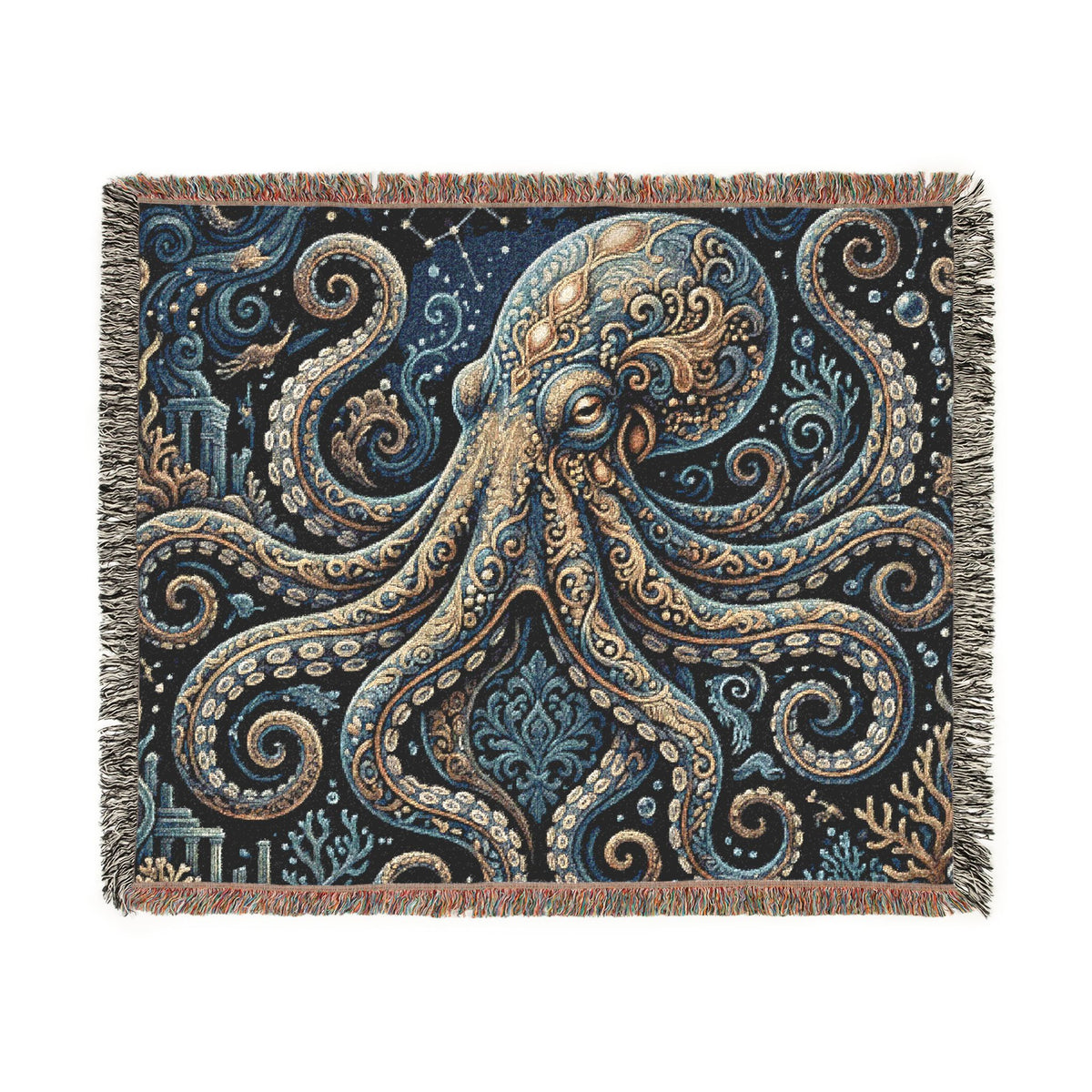 Vintage Octopus Tapestry Woven Blanket | Nautical Sea Creature Throw