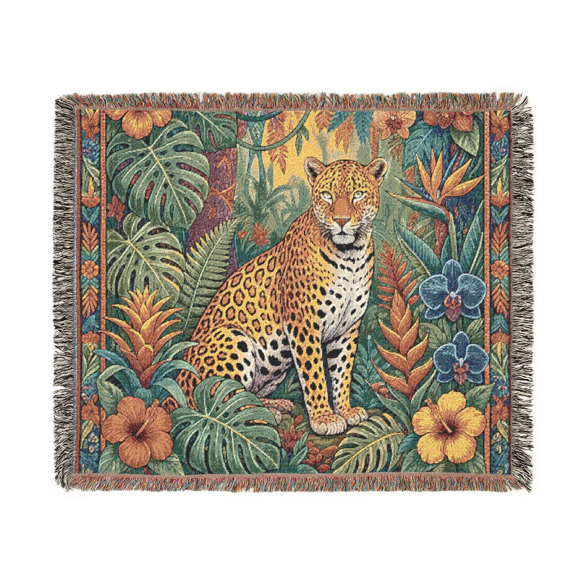 Jungle Leopard Woven Blanket | Tropical Animal Tapestry Throw
