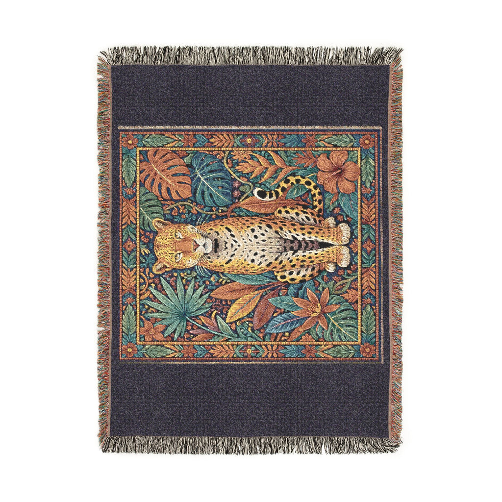 Vintage Mosaic Cheetah Woven Blanket | Jungle Leaves Tapestry Throw