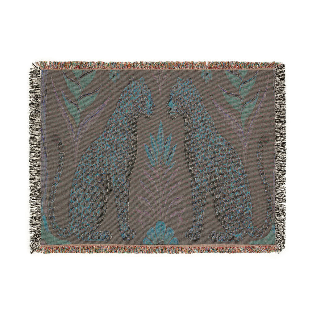 Two Sitting Leopards Woven Blanket | Botanical Motif, Tapestry Throw